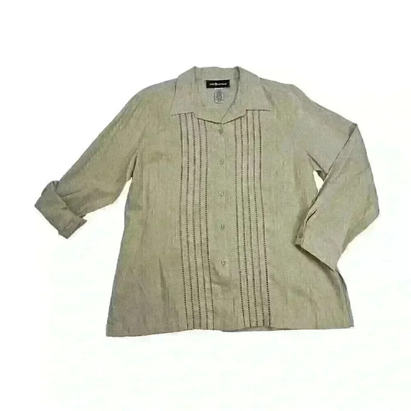 Sag Harbor VTG Womens LG/XL Tan Button Up Blouse and Pants 2 pc Set Linen Blend - Picture 2 of 16